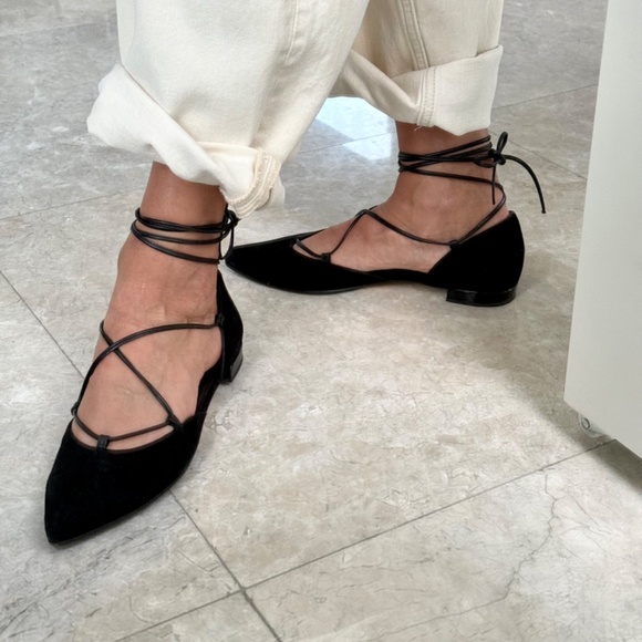 Stuart Weitzman Black Suede Lace Up Ballet Flats - Picture 3 of 8